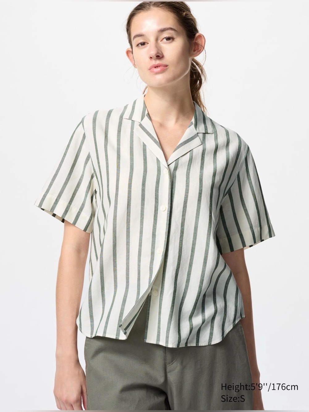 Uniqlo Green and White Vertical Stripe Short-Sleeve Button Shirt